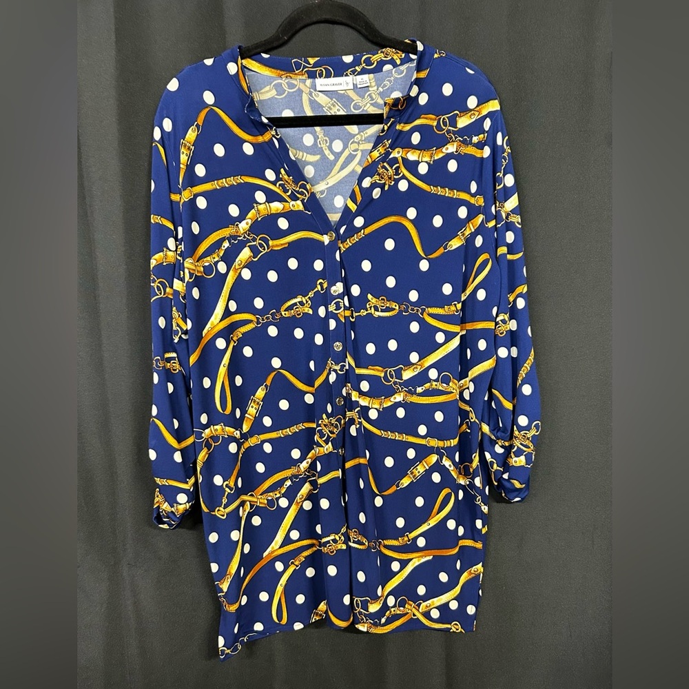 Susan Graver Navy Blouse with Gold Chain and White Dots
